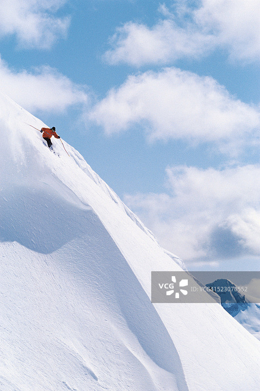男人在陡峭的雪坡上滑雪图片素材