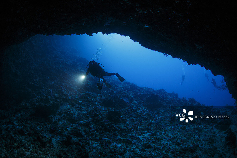 水肺潜水员进入洞穴（帕劳，加罗林群岛）图片素材