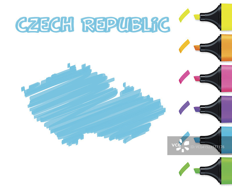 手绘在白色背景上的捷克地图，蓝色荧光笔图片素材
