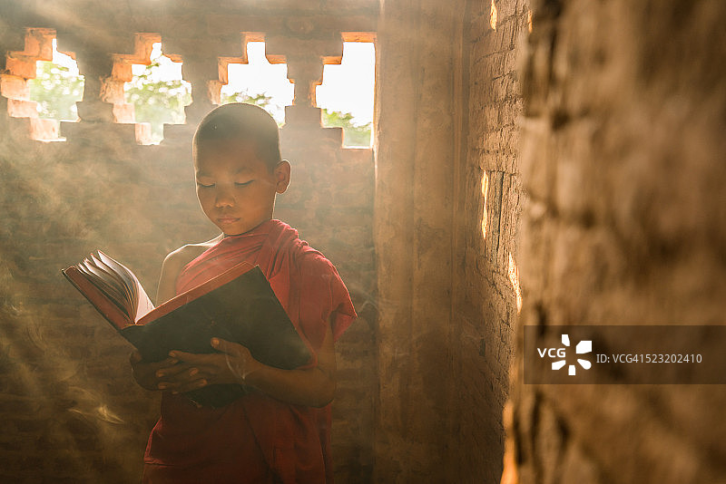 阳光下阅读经文的年轻僧侣图片素材
