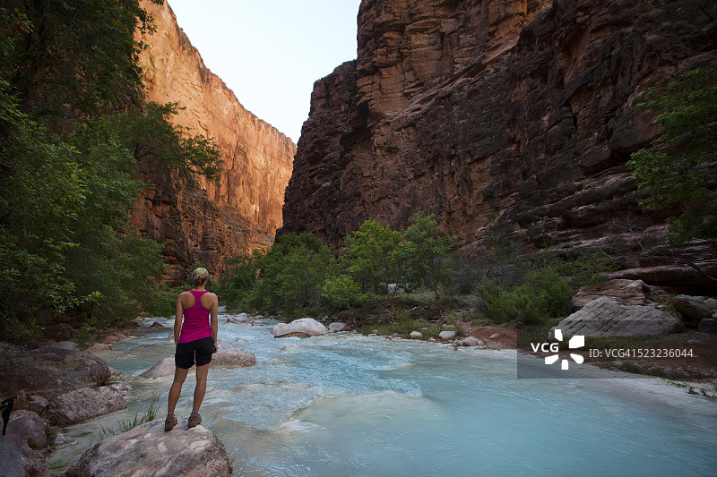 年轻女子站在美国亚利桑那州大峡谷附近的哈瓦苏派溪边，背影图片素材
