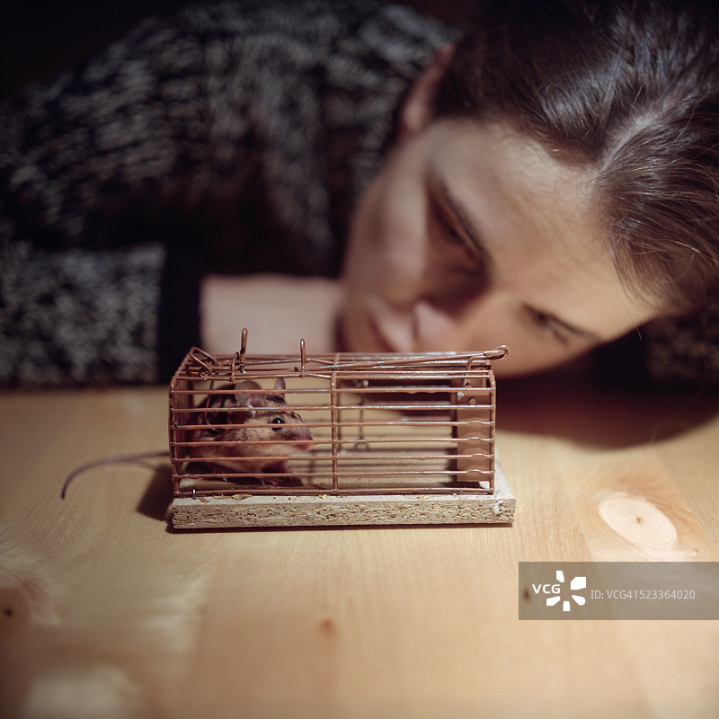年轻女人看着捕鼠器中的老鼠图片素材