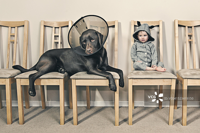 幼儿和宠物狗在等候室图片素材