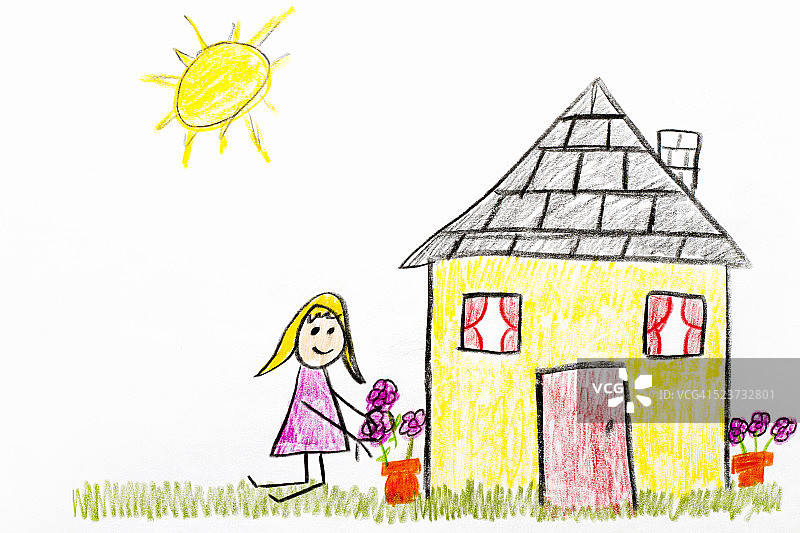 儿童绘画：家庭花园图片素材