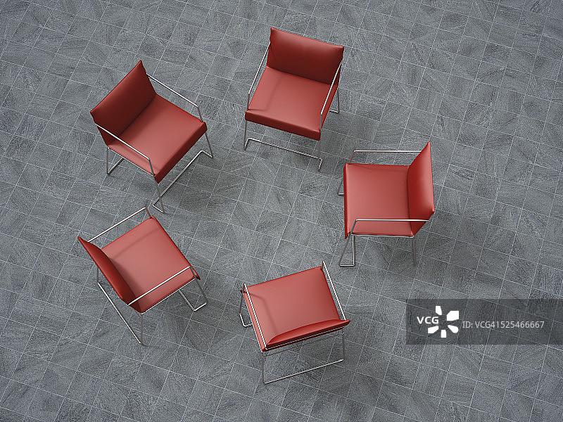 3D渲染：圆形排列的五把红色椅子图片素材