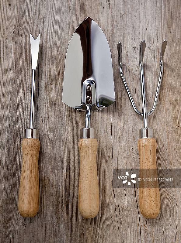 木质背景上的花园工具套装图片素材
