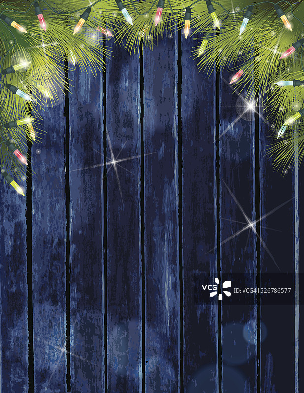 蓝色木板上的圣诞灯常青画框图片素材