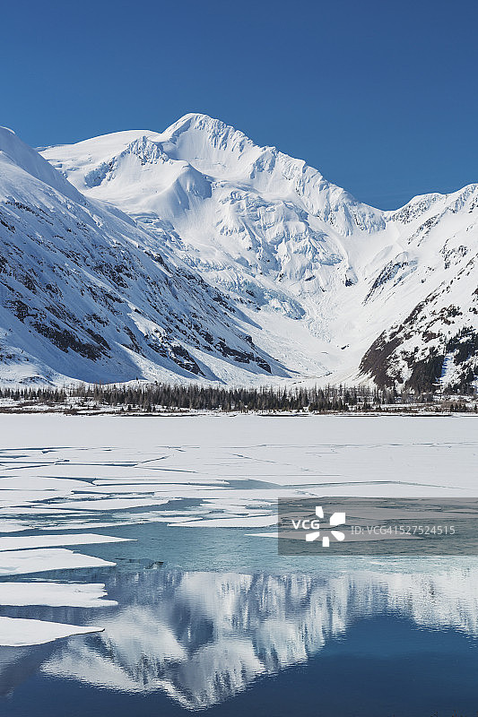 楚加奇国家森林，波蒂奇湖面冰面破裂，水中倒映着楚加奇山脉图片素材