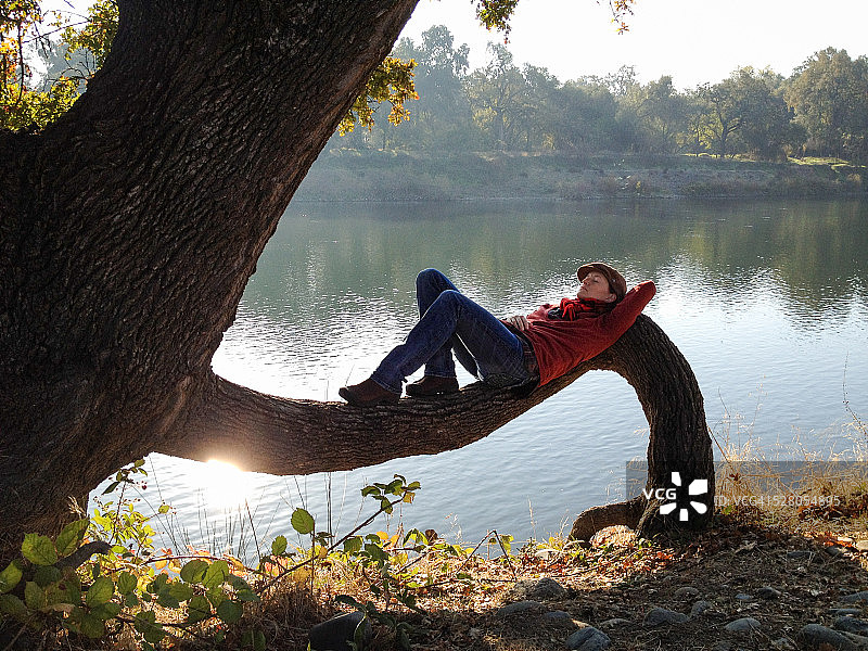 女人在河边的树上休息图片素材