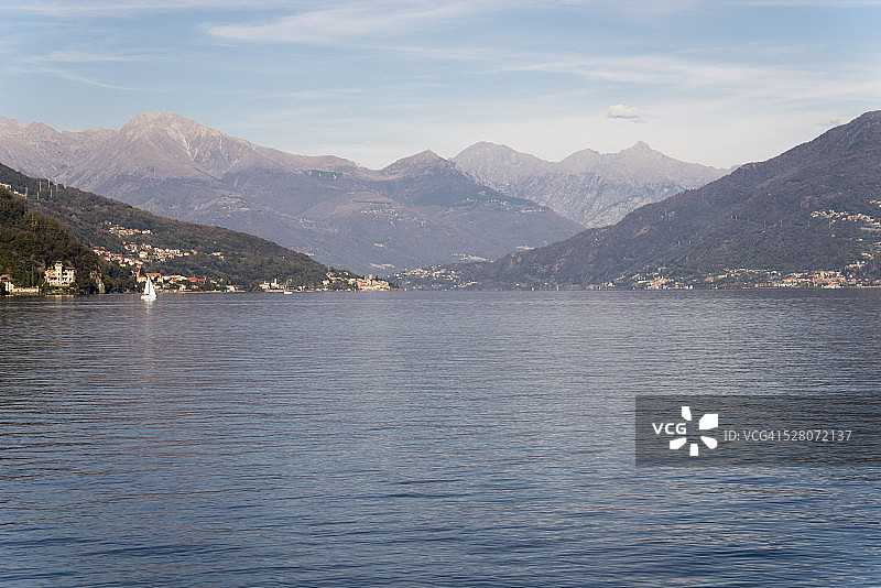 以阿尔卑斯山为背景的科莫湖图片素材