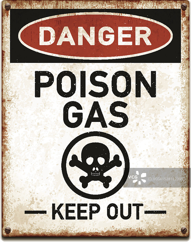 带危险毒气警告标志的旧金属牌矢量图图片素材