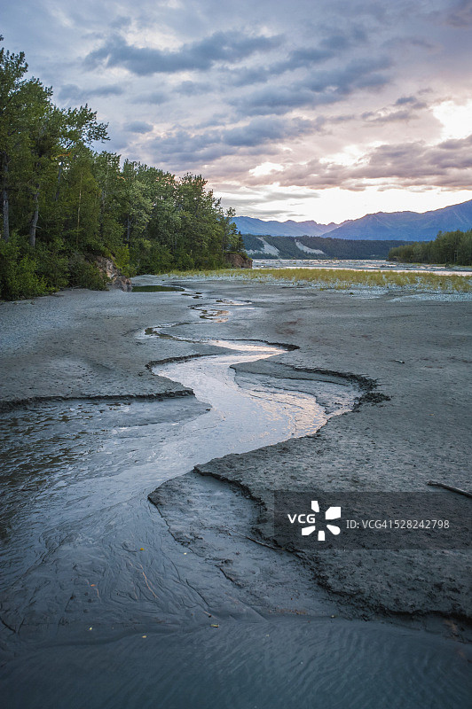 夏季阿拉斯加州帕尔默市马塔努斯卡河日落景色图片素材