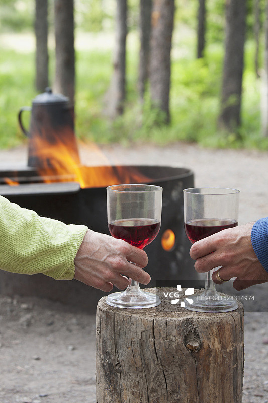 在加拿大沃特顿露营地，情侣在篝火旁的木块上举着酒杯图片素材
