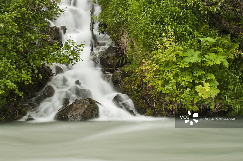 楚加奇国家森林公园特纳根山口的瀑布流入花岗岩小溪图片素材