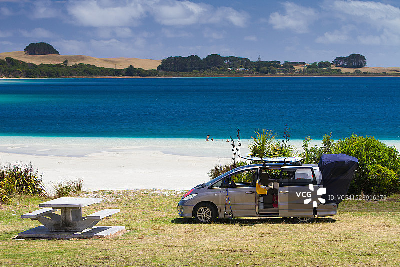 露营车停在湖边露营地图片素材