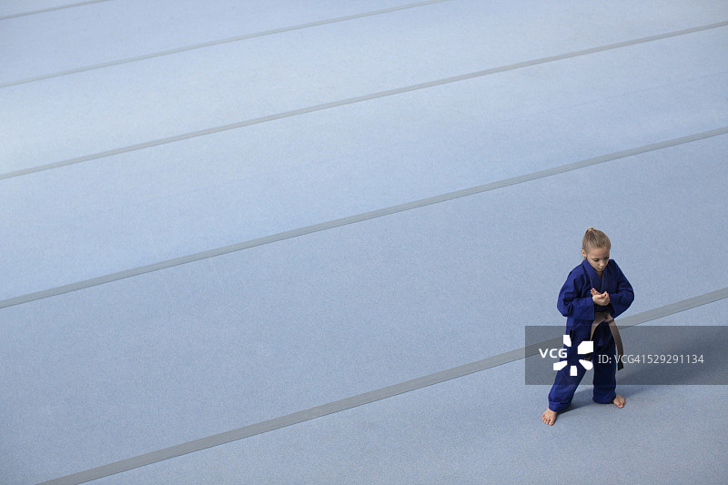 穿着蓝色道服练习的女孩(8-9岁)图片素材