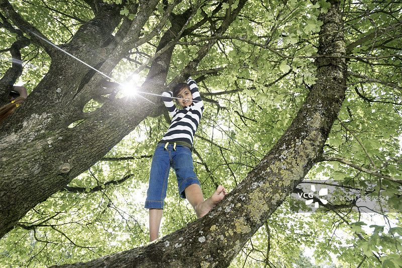 在德国慕尼黑巴伐利亚，女孩在树上攀爬并微笑图片素材