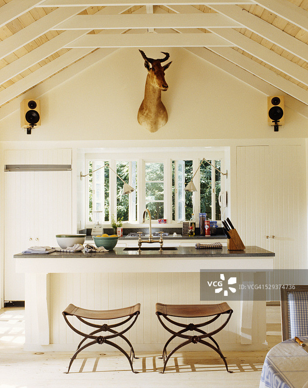 厨房中倾斜天花板下的墙壁上装饰的鹿角图片素材