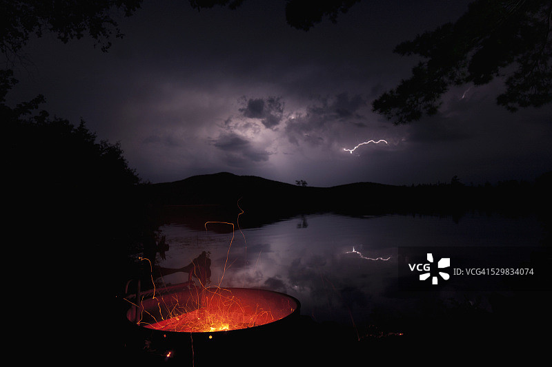 美国新罕布什尔州Umbagog湖夜间露营火坑闪电图片素材