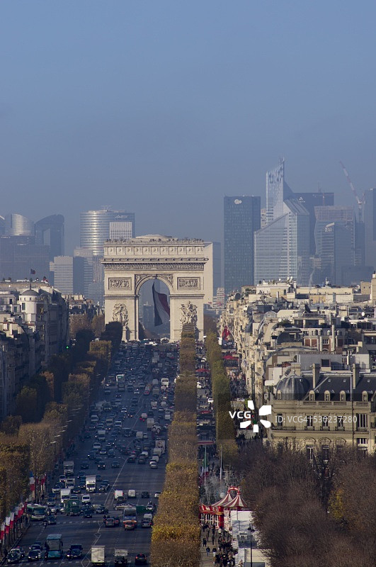 巴黎香榭丽舍大街、凯旋门和拉德芳斯高空景观，法国，欧洲图片素材