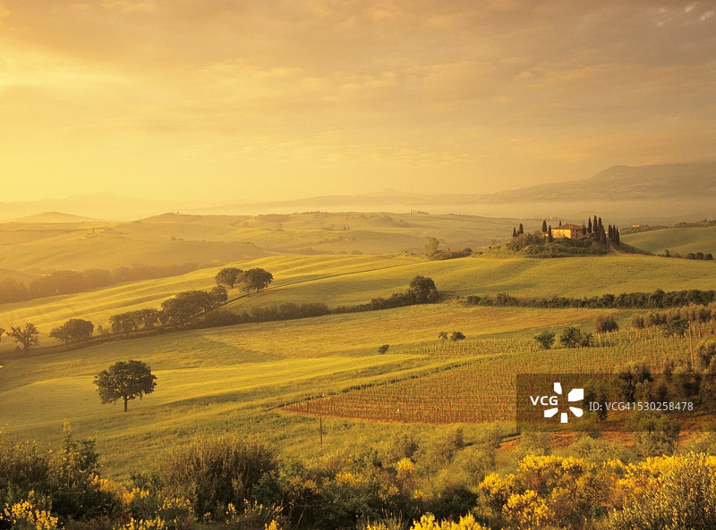 贝尔维德雷农舍日出，联合国教科文组织世界遗产，奥尔恰谷，圣奎里科，锡耶纳省，托斯卡纳，意大利，欧洲图片素材