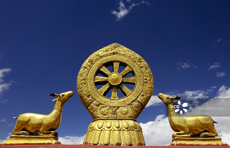 中国西藏拉萨大昭寺屋顶的金色法轮和鹿雕塑图片素材