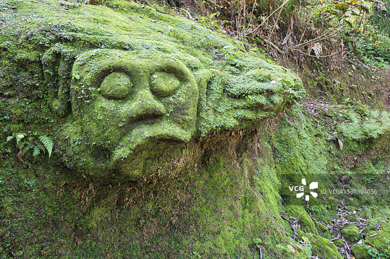 巴厘岛象窟寺覆盖苔藓的雕塑图片素材