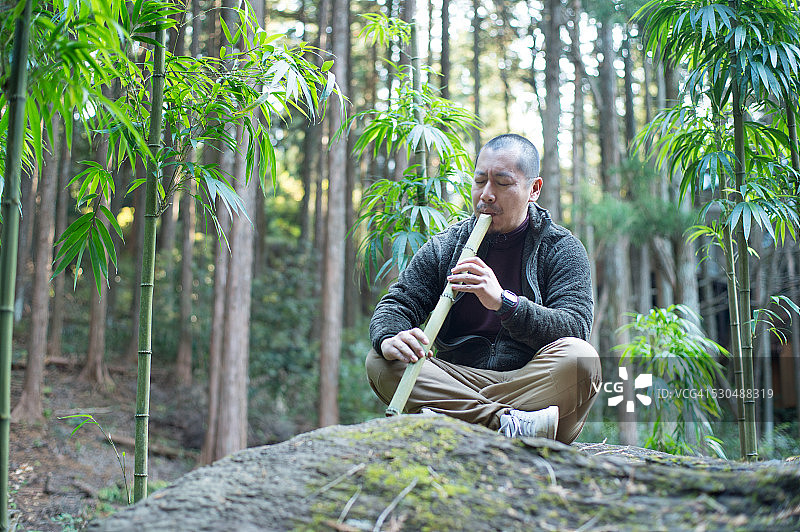 男子在竹林中吹奏竹笛图片素材