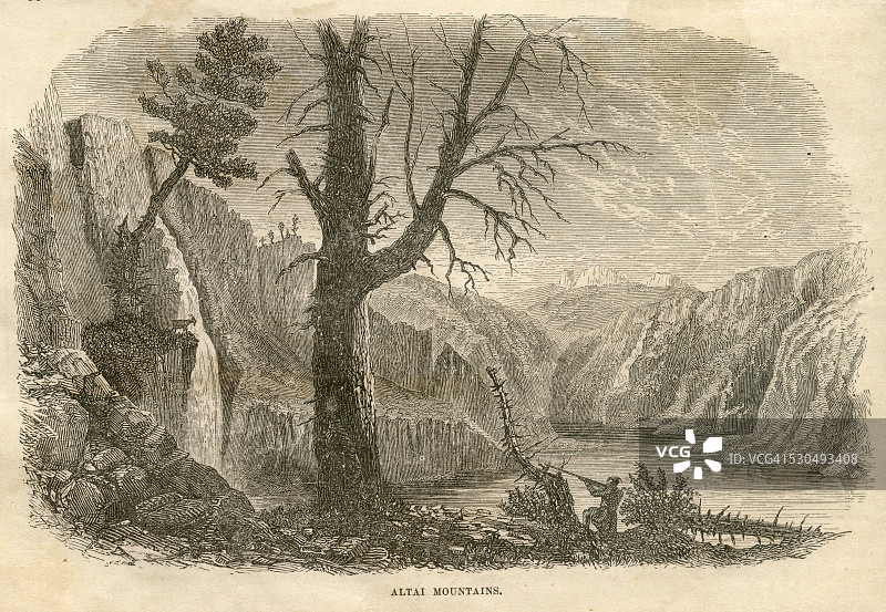 1871年亚洲阿尔泰山脉狩猎的男人古董插画图片素材
