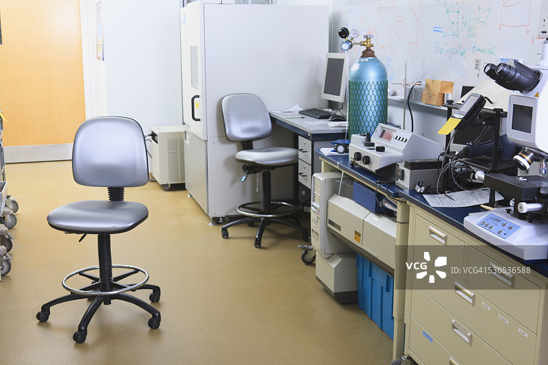 大学化学实验室：X射线荧光分析仪和压缩气瓶图片素材