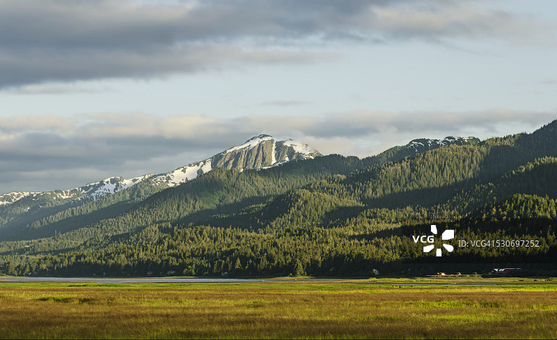 朱诺市门登霍尔湿地州立野生动物保护区，背景是道格拉斯岛的群山，美国图片素材