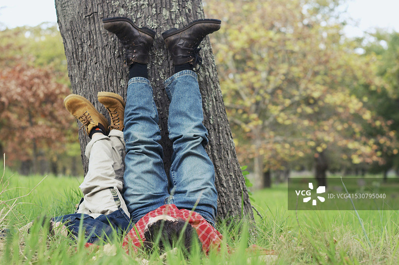 父子在草地上放松，脚放在树上图片素材