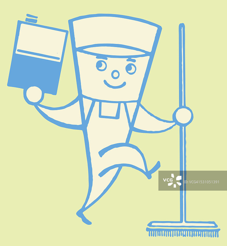 清洁工与扫帚和清洁液图片素材
