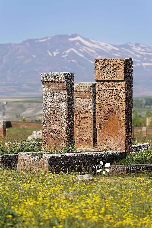 土耳其，安纳托利亚，东安纳托利亚地区，比特利斯省，阿赫拉特，塞尔柱墓地，塞尔柱鲁·梅扎尔里吉，墓碑图片素材