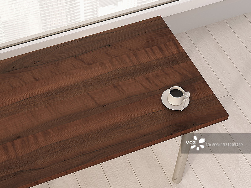 办公室木桌上的咖啡杯3D渲染图片素材