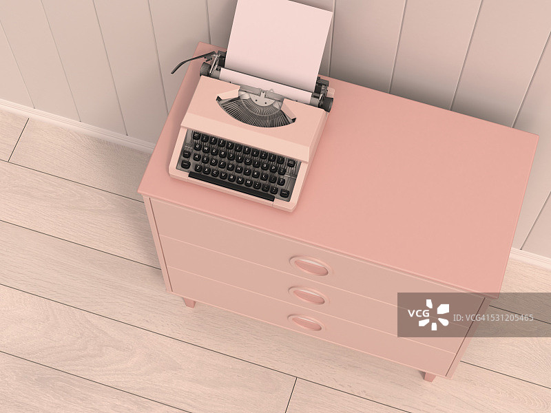 粉色五斗橱上的打字机3D渲染图片素材