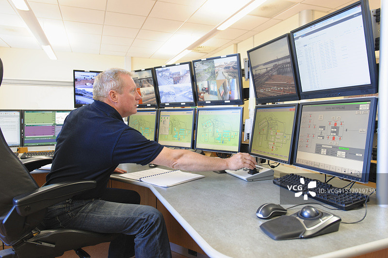 在控制中心监控屏幕的白人保安人员图片素材