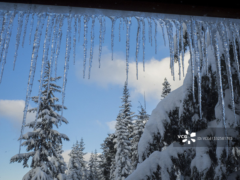透过窗户看到的冰柱和白雪覆盖的树木图片素材