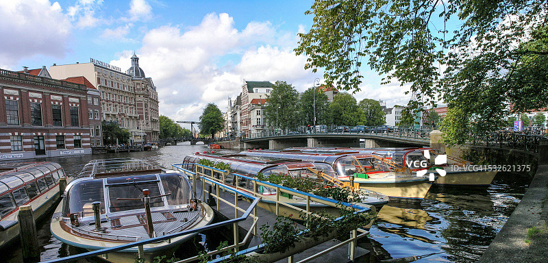 阿姆斯特丹 - 阿姆斯特尔街停靠的游船图片素材