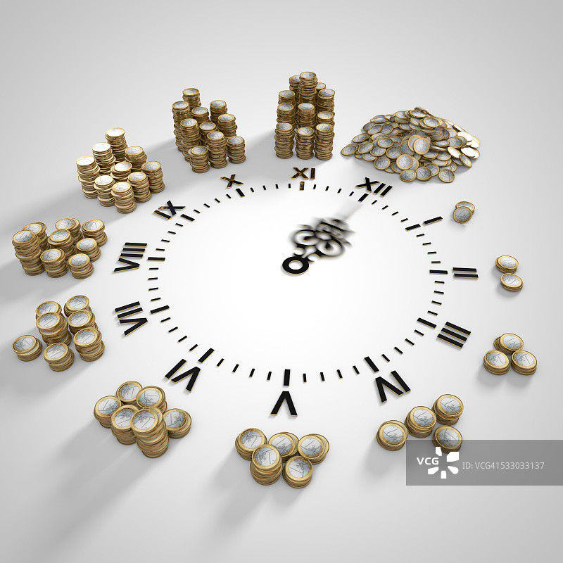 带有成堆硬币的时钟，时间就是金钱概念图片素材