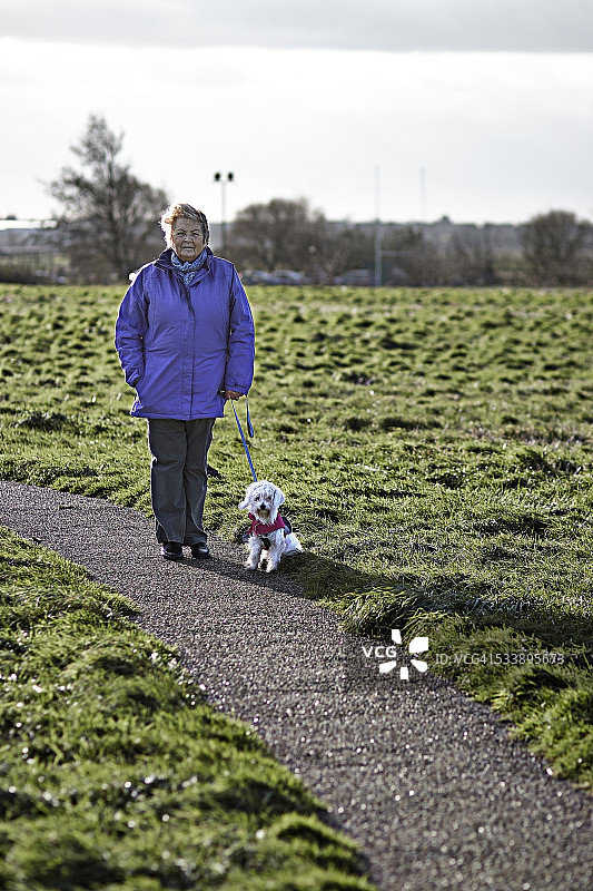 年长的女人和她的狗站在路上图片素材