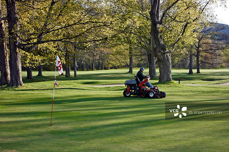 男子修剪高尔夫球场草坪图片素材