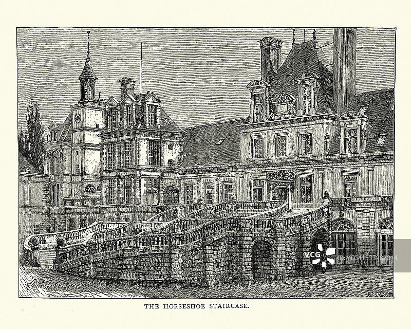 法国枫丹白露的马蹄形楼梯，19世纪图片素材