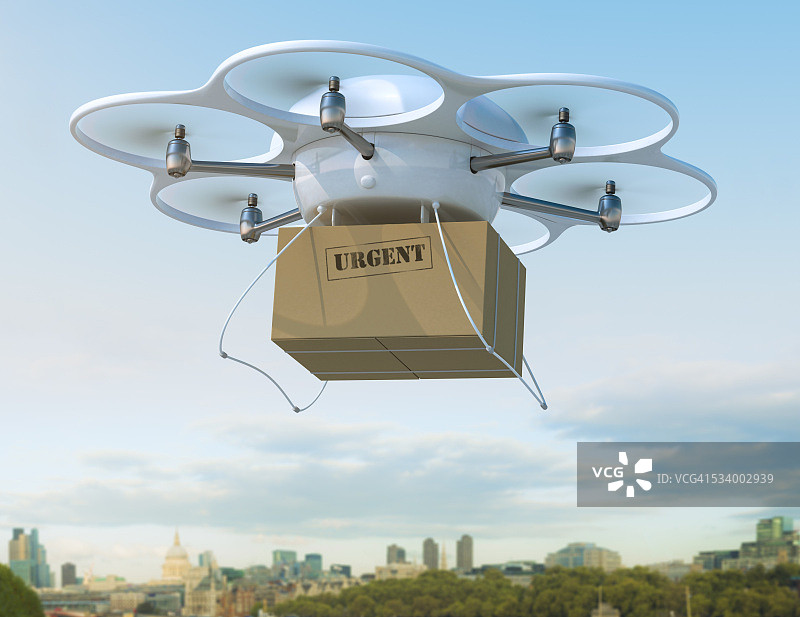 在城市中运送紧急货物的无人机图片素材