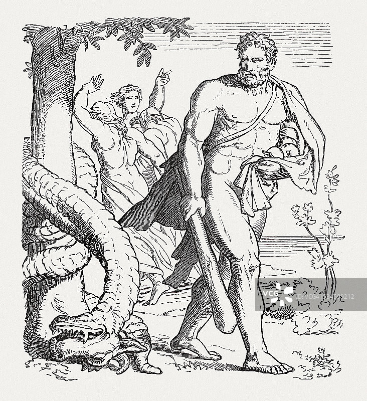 1880年版画：大力神与赫斯珀里得斯金苹果图片素材