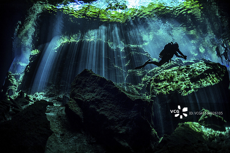 潜水员在水下洞穴中图片素材