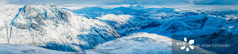 白色冬季风景：雪山峰全景，湖区，坎布里亚图片素材