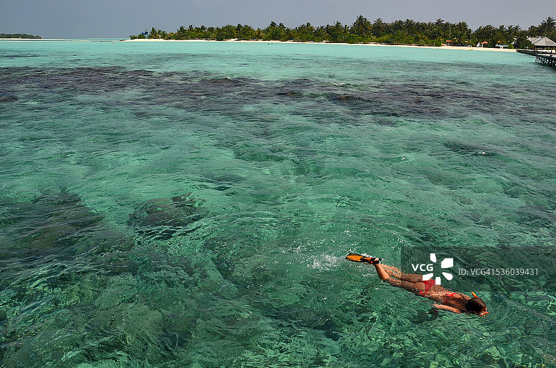 女孩在马尔代夫泻湖浮潜图片素材