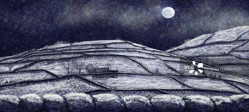 冬日月光下的农田山坡图片素材