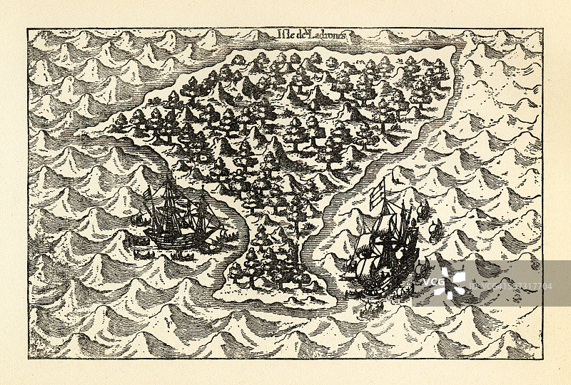 范·诺特航行至马里亚纳群岛雕刻插图，1600年图片素材